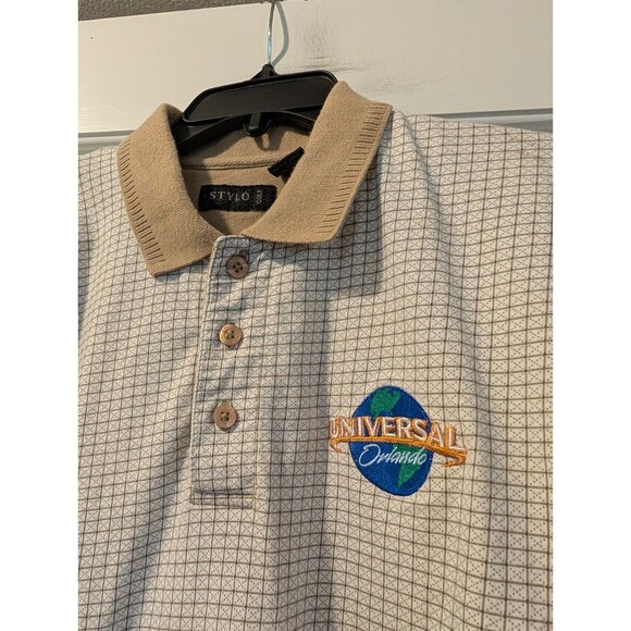 Universal Orlando Polo Shirt Men’s Medium Stylo Golf Beige Check Embroidered - Picture 9 of 10